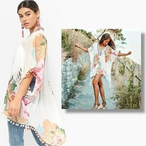 Anthropologie Z & L Europe Floral Pom Pom Kimono Tunic Coverup Bohemian OS